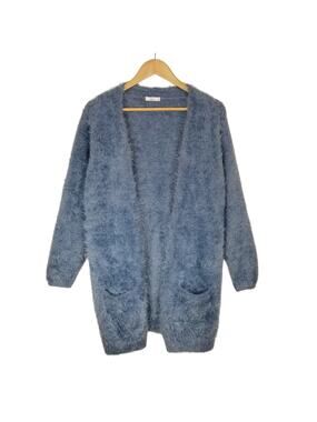 Miss Etam Women's Open Front Eyelash Long Cardigan Soft Blue Size XL